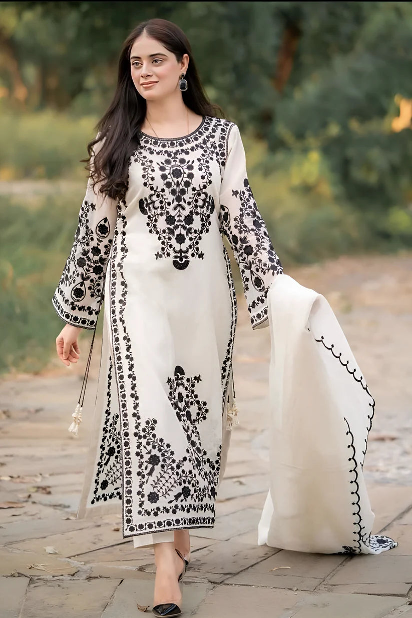 JAZMIN-3PC DHANAK EMBROIDERED SHIRT WITH DHANAK EMBROIDERED SHAWL & TROUSER -W.J-1343