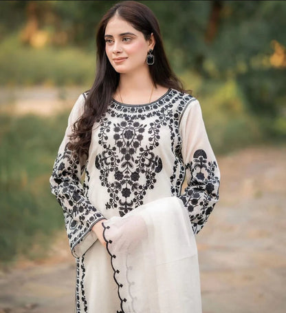 JAZMIN-3PC DHANAK EMBROIDERED SHIRT WITH DHANAK EMBROIDERED SHAWL & TROUSER -W.J-1343