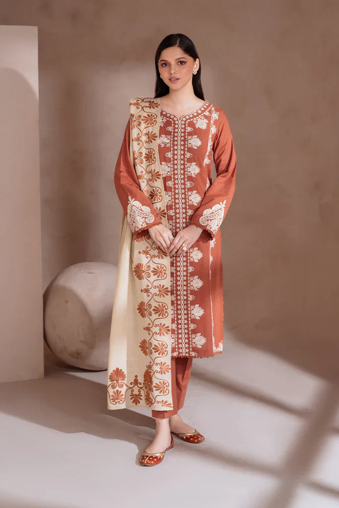 IZNIK-3PC DHANAK EMBROIDERED SHIRT WITH DHANAK EMBROIDERED SHAWL & TROUSER-W.J-1325