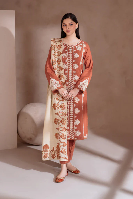 IZNIK-3PC DHANAK EMBROIDERED SHIRT WITH DHANAK EMBROIDERED SHAWL & TROUSER-W.J-1325