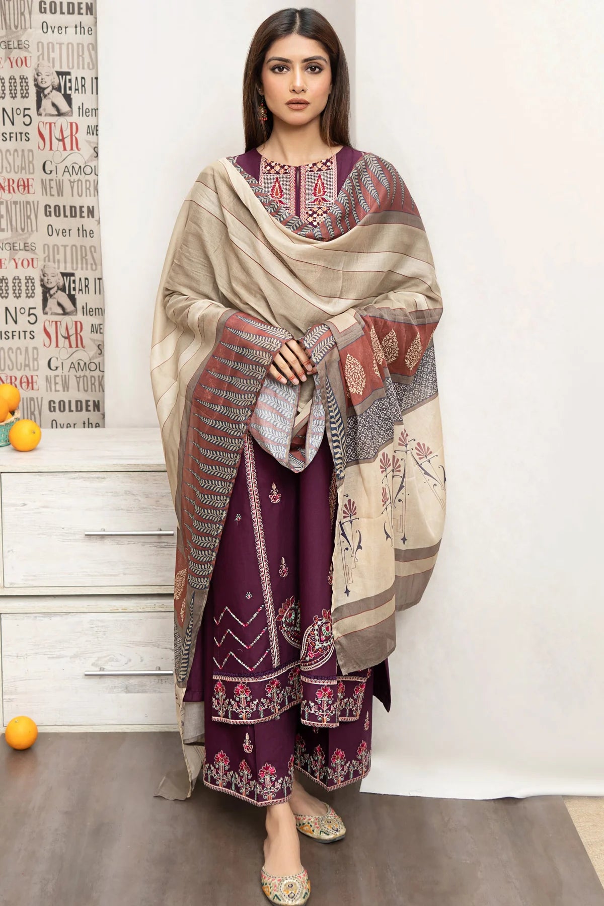 URGE- 3PC DHANAK EMBROIDERED SHIRT WITH COUTURE PRINT SHAWL AND EMB TROUSER-W.J-1001