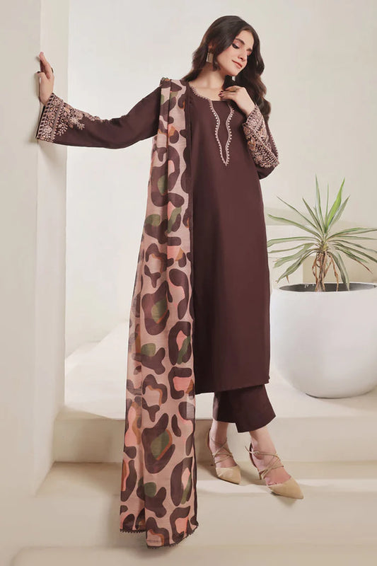 SAPPHIRE-3PC DHANAK EMBROIDERED SHIRT WITH COURTRAI PRINTED SHAWL AND TROUSER-W.J-2029