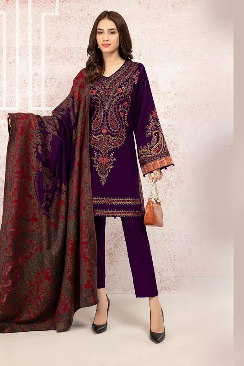 MARIA B-3PC KHADDAR EMBROIDRED SHIRT WITH WOOL PRINT SHAWL AND TROUSER-PLUM-W.J-1393