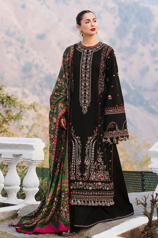 HUSSAIN REHAR-3PC KARANDI EMBROIDERED SHIRT WITH COURTRAI PRINTED SHAWL AND TROUSER-W.J-1989