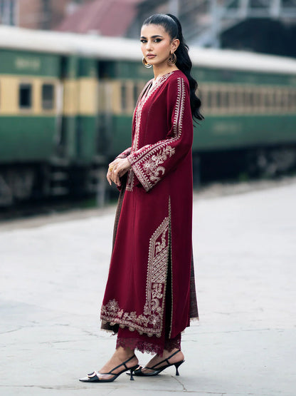 IZEL-3PC DHANAK EMBROIDERED SHIRT WITH COUTRAI PRINTED SHAWL AND TROUSER-W.J-1035