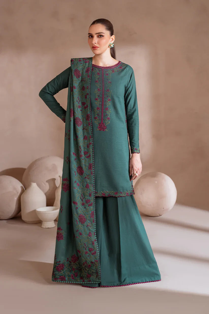 IZNIK-3PC DHANAK EMBROIDERED SHIRT WITH DHANAK EMBROIDERED SHAWL & TROUSER-W.J-5055
