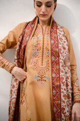 ZAIB-3PC KARANDI EMBROIDERED SHIRT WITH COUTRAI PRINTED SHAWL AND EMB TROUSER-W.J-5284