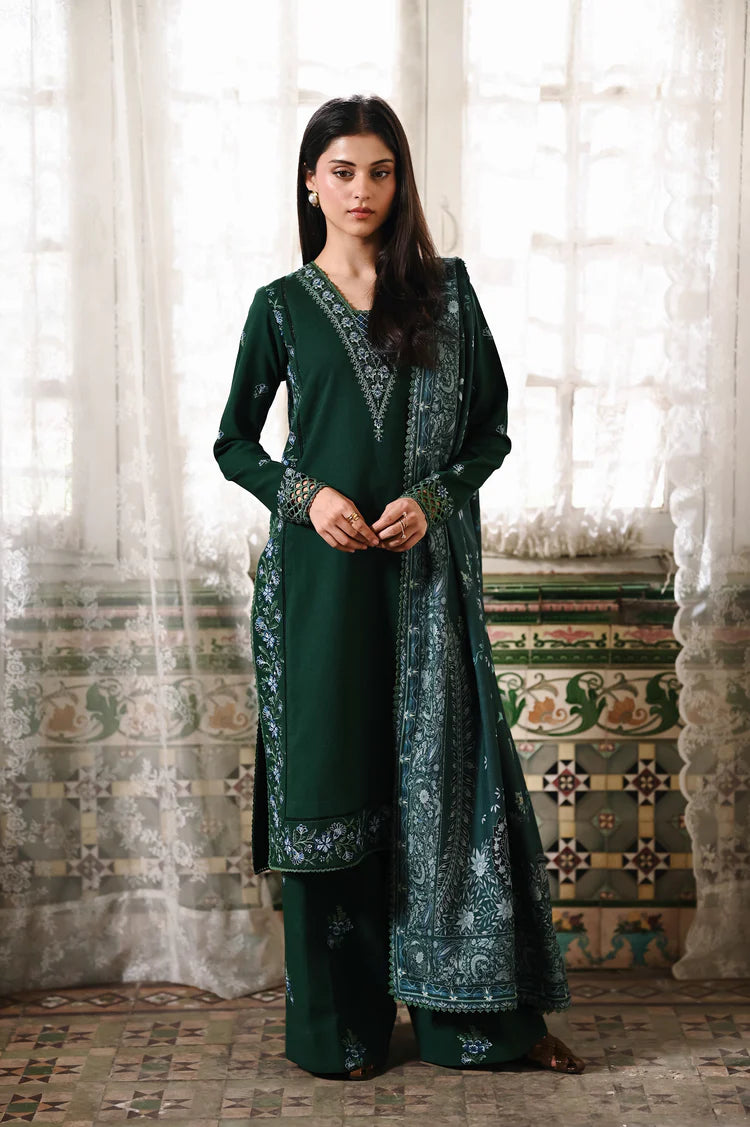 ZAIB-3PC KARANDI EMBROIDERED SHIRT WITH CORTRAI WOOL PRINT SHAWL AND TROUSER-W.J-4397