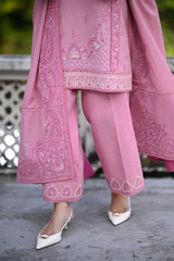 ZAIB-3PC DHANAK EMBROIDERED SHIRT WITH DHANAK EMBROIDERED SHAWL AND TROUSER-W.J-4399