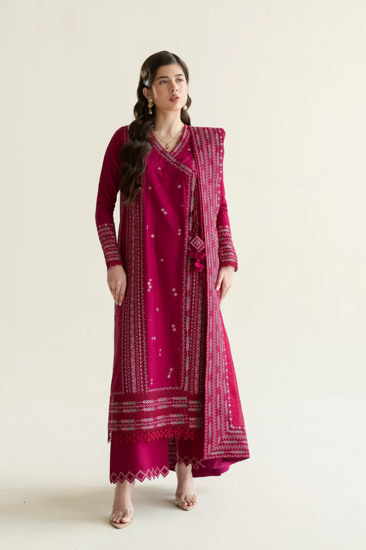 ZAIB-3PC LAWN EMBROIDERED SHIRT WITH KHADDI NET EMBROIDERED DUPATTA AND TROUSER-W.J-4779