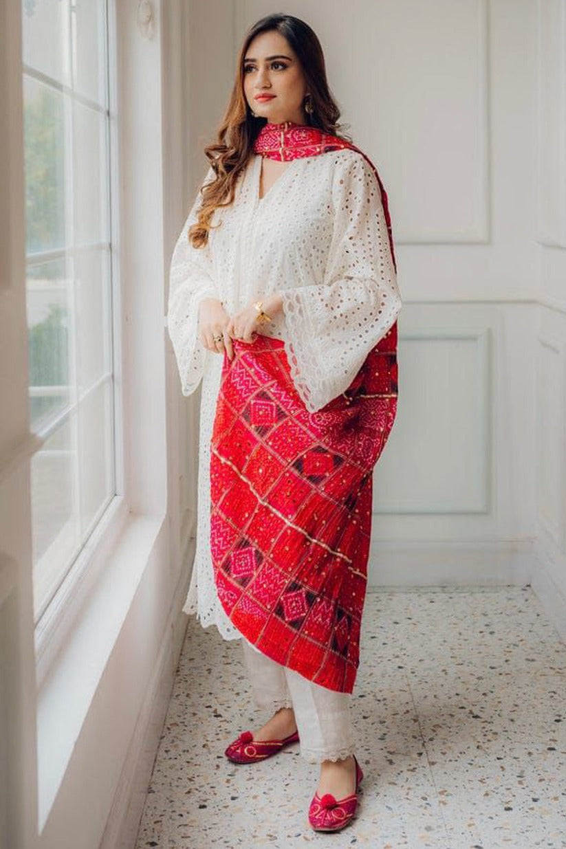 MARIA-B-LAWN CHIKENKARI EMBROIDERED WITH CHUNRI PRINT DUPATTA & DUPATTA-W.J-1578