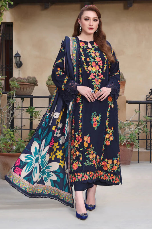 ASIM JOFA-3PC DHANAK EMBROIDERED SHIRT WITH COURTRAI PRINTED SHAWL & TROUSER-W.J-2007
