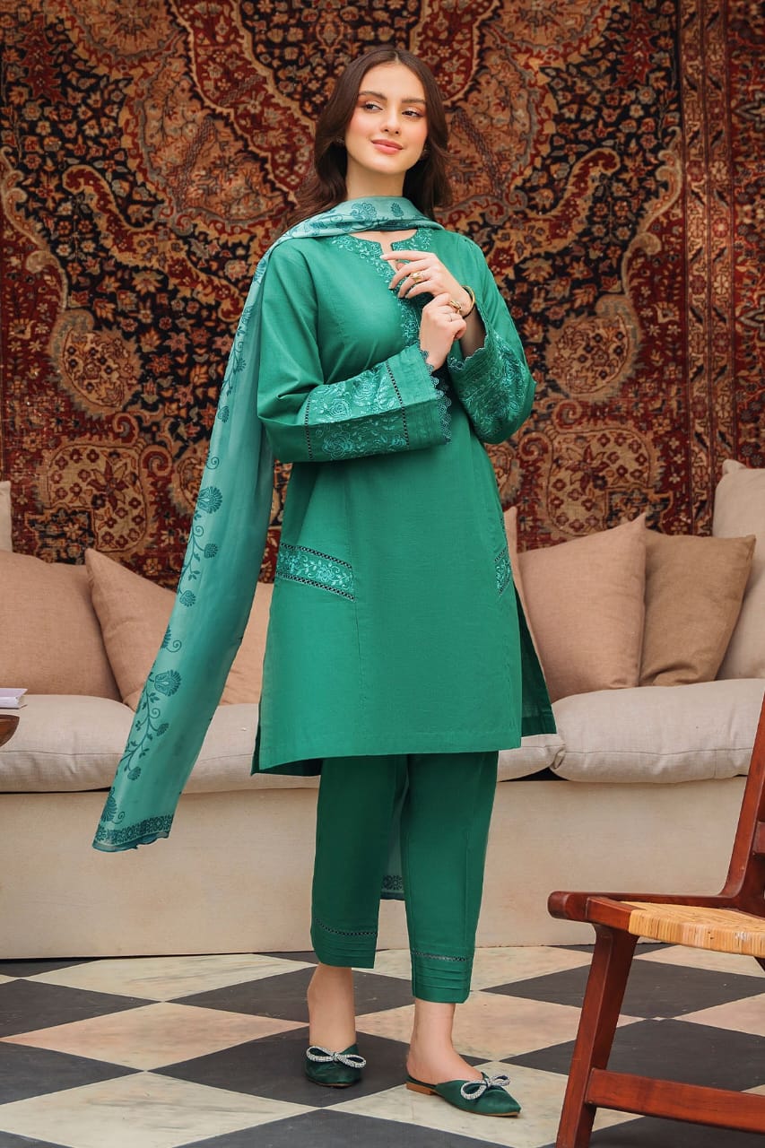 ZIVA-3PC LAWN EMBROIDERED SHIRT WITH MONARK PRINTED DUPATTA AND TROUSER-W.J-1555