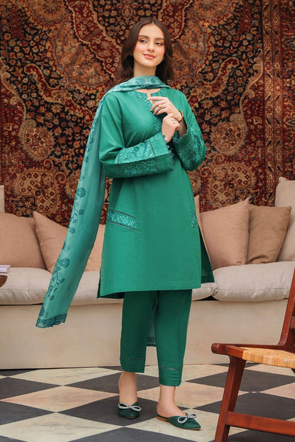 ZIVA-3PC LAWN EMBROIDERED SHIRT WITH MONARK PRINTED DUPATTA AND TROUSER-W.J-1555