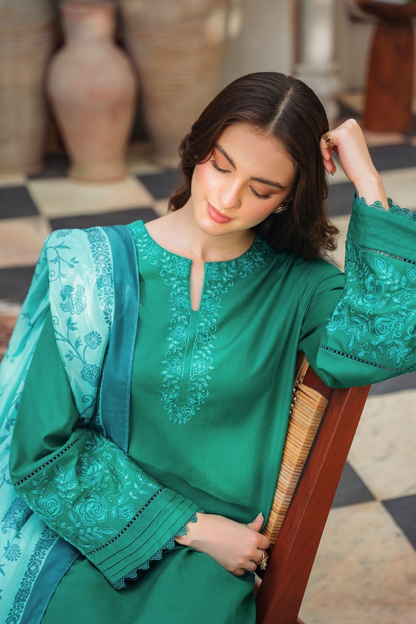 ZIVA-3PC LAWN EMBROIDERED SHIRT WITH MONARK PRINTED DUPATTA AND TROUSER-W.J-1555