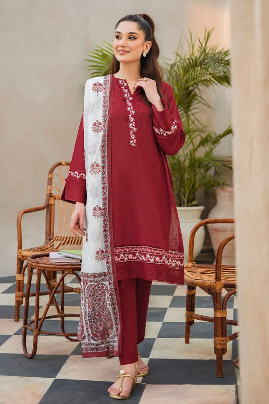 ZIVA - 3PC LAWN EMBROIDERED SHIRT WITH MANAAR PRINTED DUPATTA AND TROUSER-W.J-1535