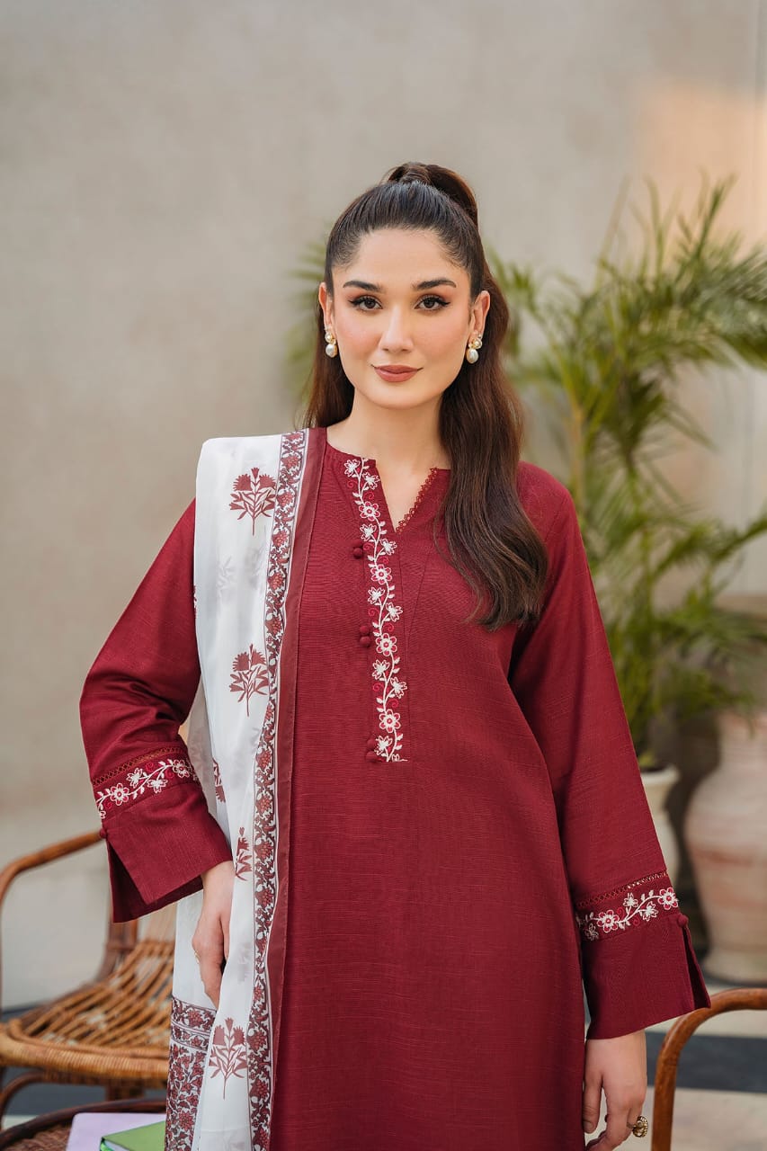 ZIVA - 3PC LAWN EMBROIDERED SHIRT WITH MANAAR PRINTED DUPATTA AND TROUSER-W.J-1535