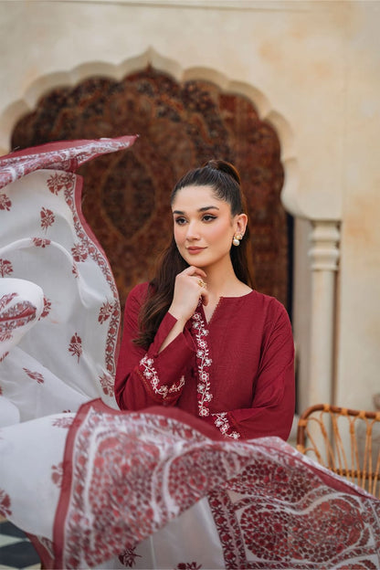 ZIVA - 3PC LAWN EMBROIDERED SHIRT WITH MANAAR PRINTED DUPATTA AND TROUSER-W.J-1535