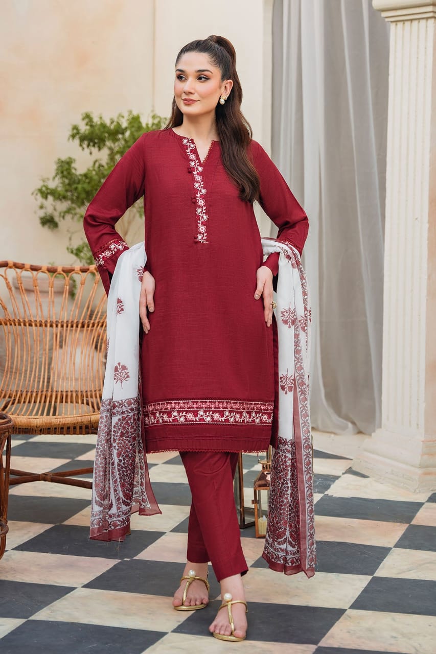 ZIVA - 3PC LAWN EMBROIDERED SHIRT WITH MANAAR PRINTED DUPATTA AND TROUSER-W.J-1535