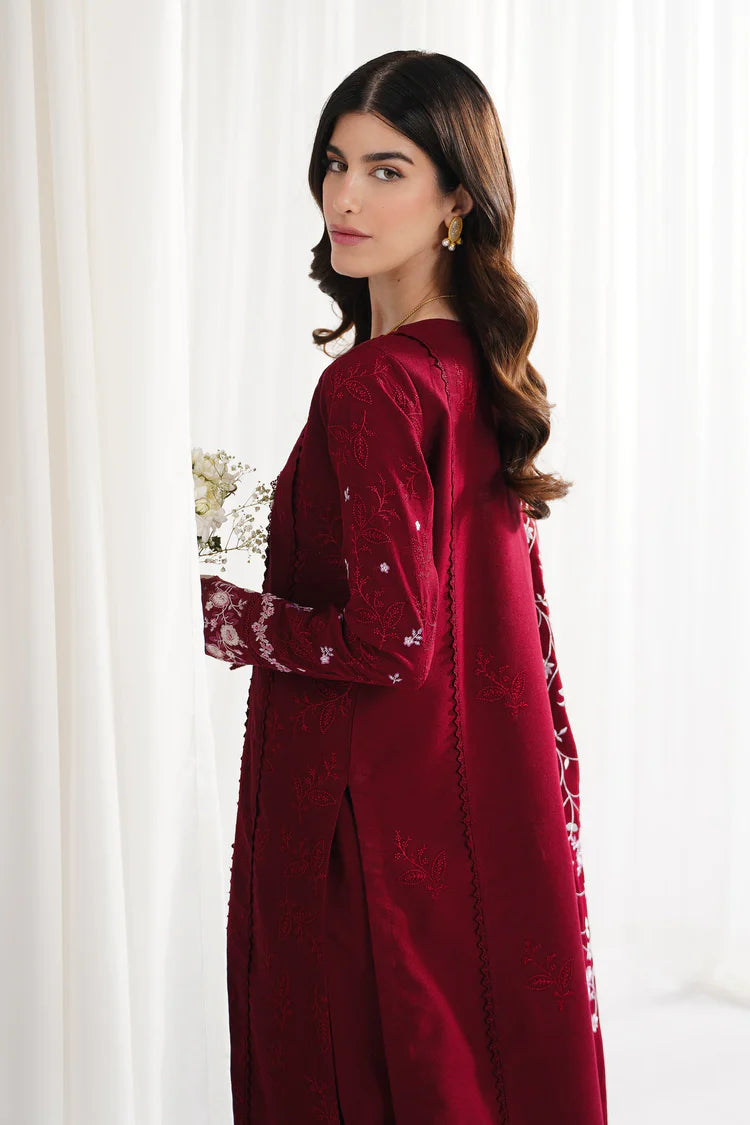 GARNET-3PC DHANAK EMBROIDERED SHIRT WITH DHANAK EMBROIDERED SHAWL & TROUSER-W.J-2006