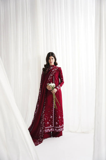GARNET-3PC DHANAK EMBROIDERED SHIRT WITH DHANAK EMBROIDERED SHAWL & TROUSER-W.J-2006
