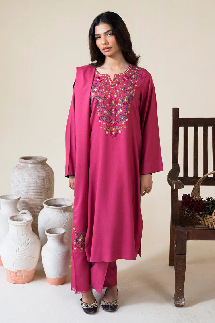 ASLING-3PC DHANAK EMBROIDERED SHIRT WITH DHANAK EMBROIDERED SHAWL AND TROUSER-W,J-4420
