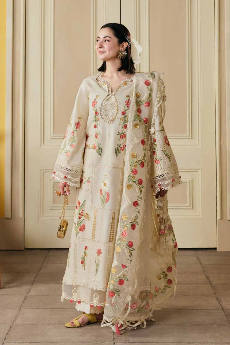 MARYAM HUSSAIN-3PC DHANAK HEAVY EMBROIDERED SHIRT WITH KHADDI NET EMB DUPATTA AND TROUSER-W.J-4903