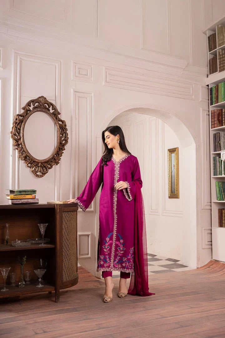 Asim Jofa-Lawn 3pc Embroidered Shirt With Bamber Chiffon Dupatta & Trouser-W.J-1444