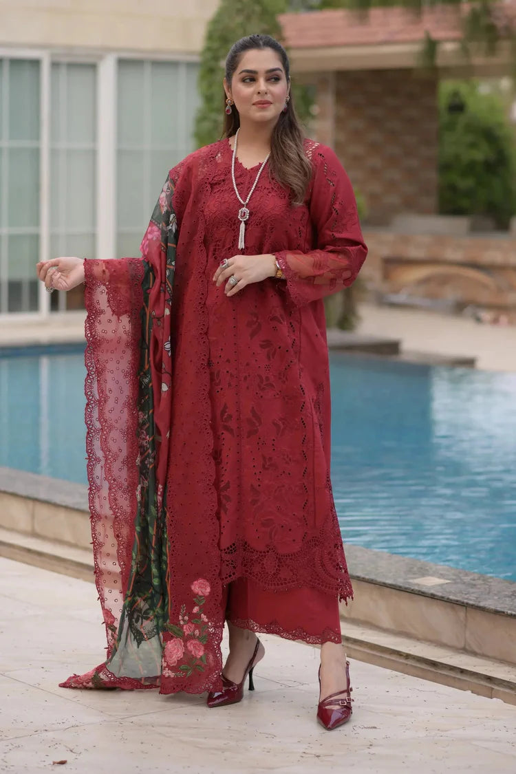 ANEELAS-3PC LAWN CHIKAN EMBROIDERED SHIRT WITH CHIFFON PRINTED EMB DUPATTA AND TROUSER-W.J-4875