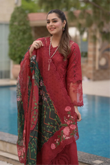 ANEELAS-3PC LAWN CHIKAN EMBROIDERED SHIRT WITH CHIFFON PRINTED EMB DUPATTA AND TROUSER-W.J-4875
