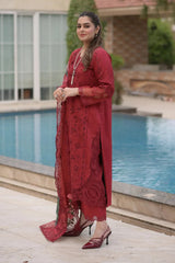 ANEELAS-3PC LAWN CHIKAN EMBROIDERED SHIRT WITH CHIFFON PRINTED EMB DUPATTA AND TROUSER-W.J-4875
