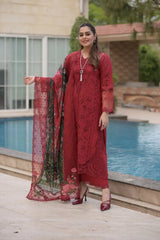 ANEELAS-3PC LAWN CHIKAN EMBROIDERED SHIRT WITH CHIFFON PRINTED EMB DUPATTA AND TROUSER-W.J-4875
