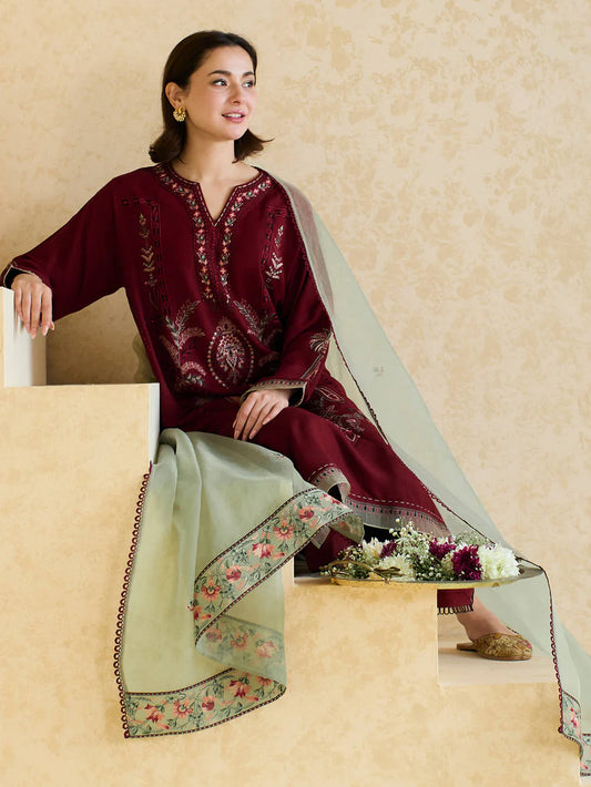 ZARA SHAHJAHAN - 3PC LAWN EMBROIDERED SHIRT WITH ORGANZA EMBROIDERED DUPATTA AND TROUSER -W.J-1790