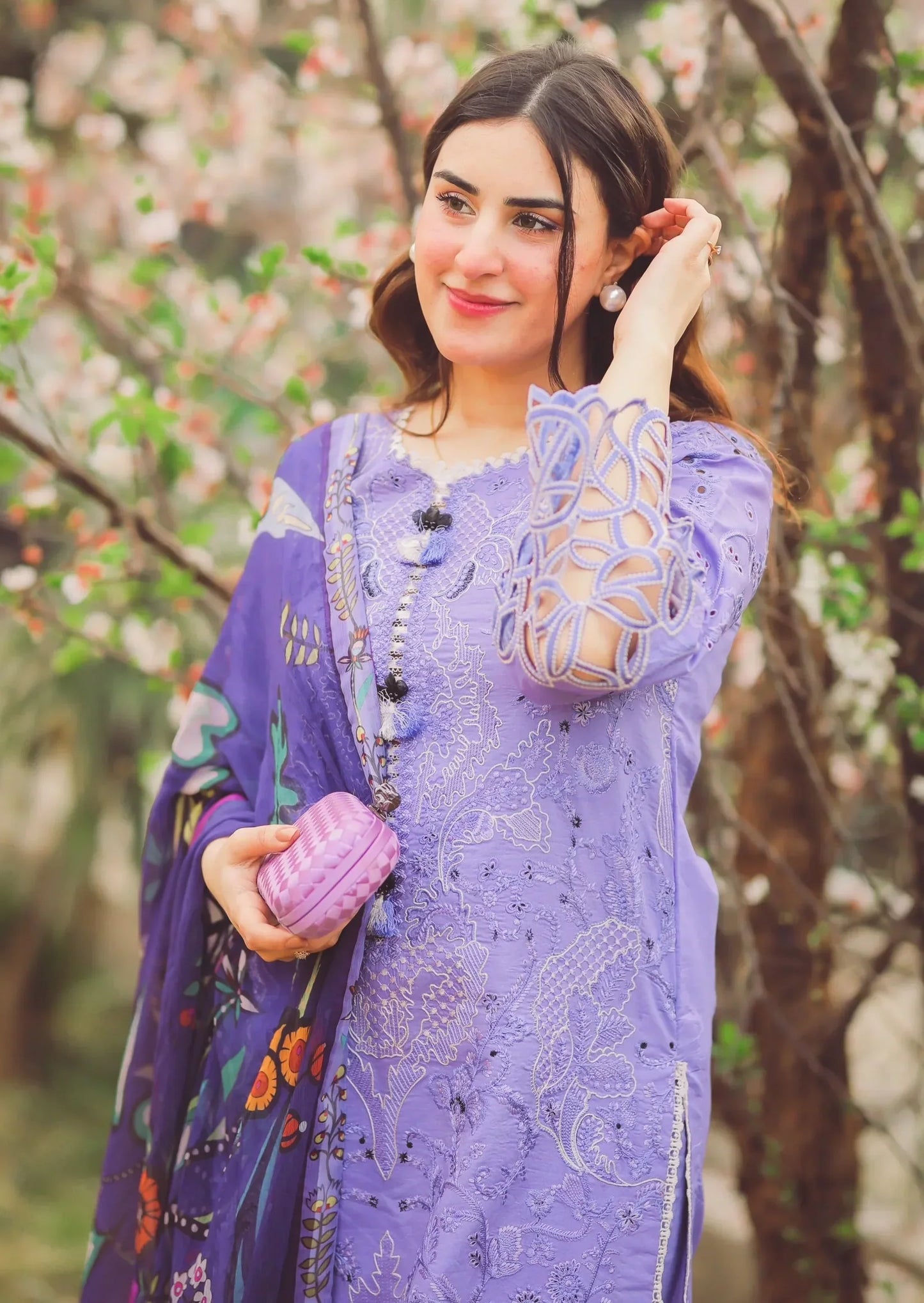 MUSHQ - 3PC DHANAK EMBROIDEREDSHIRT WITH COUTURE PRINTED SHAWL-W.J-1217