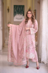 ANNELA`S-3PC DHANAK EMBROIDERED SHIRT WITH DHANAK EMBROIDERED SHAWL & EMB TROUSER-W.J-5130