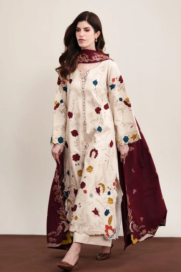 ZAIB-3PC DHANAK EMBROIDERED SHIRT WITH DHANAK EMBROIDERED SHAWL AND TROUSER-W.J-5325