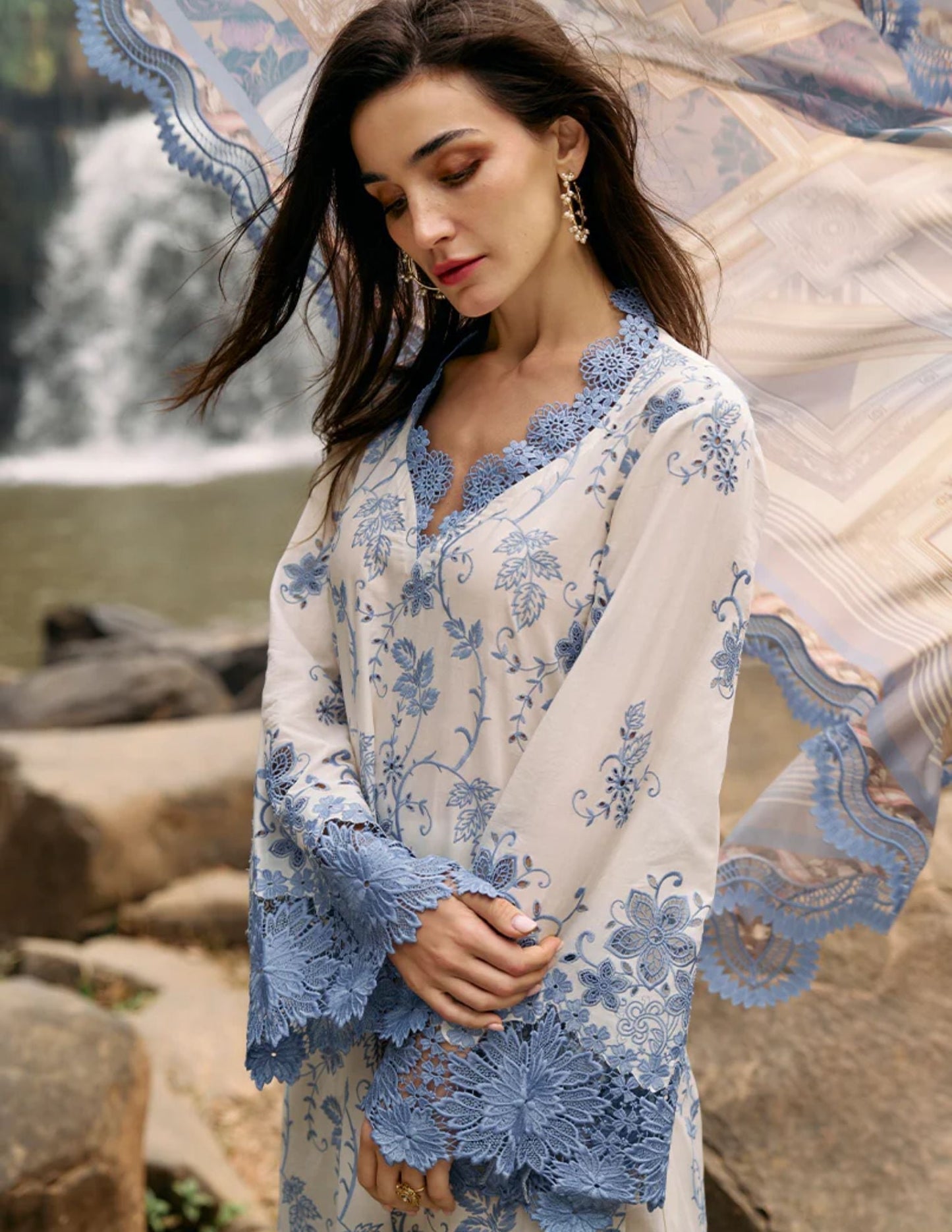 IMAGE-3PC LAWN EMBROIDERED SHIRT WITH MONARK PRINT DUPATTA & LAWN TROUSER-W.J-1517