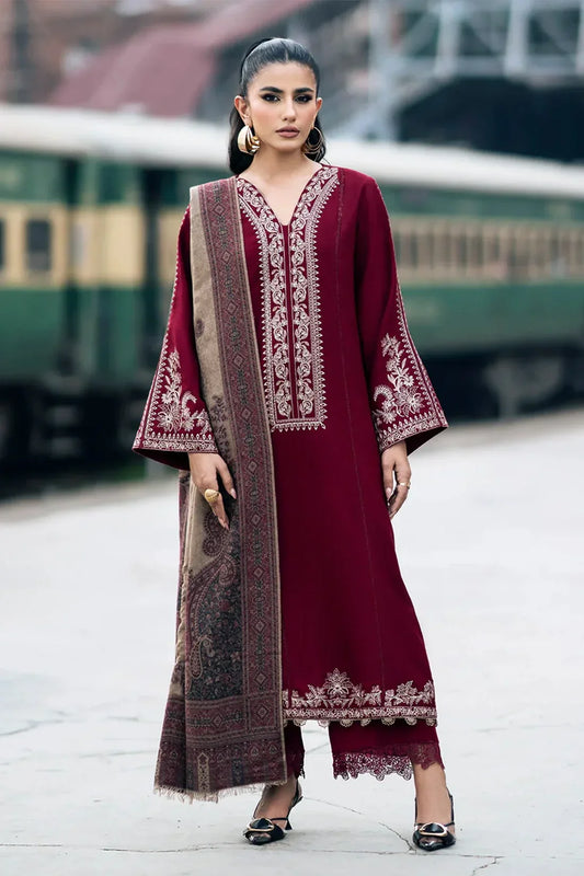 IZEL-3PC DHANAK EMBROIDERED SHIRT WITH COUTURE PRINT SHAWL AND TROUSER-W.J-1035