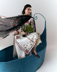 HUSSAIN REHAR-3PC DHANAK EMBROIDERED SHIRT WITH WOOL PRINTED SHAWL AND EMB TROUSER-W.J-5244