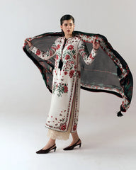 HUSSAIN REHAR-3PC DHANAK EMBROIDERED SHIRT WITH WOOL PRINTED SHAWL AND EMB TROUSER-W.J-5244