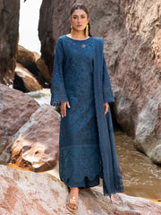 MAHNUR-3PC DHANAK LASER WORK EMBROIDERED SHIRT WITH DHANAK EMBROIDERED SHAWL AND TROUSER -W.J-5117