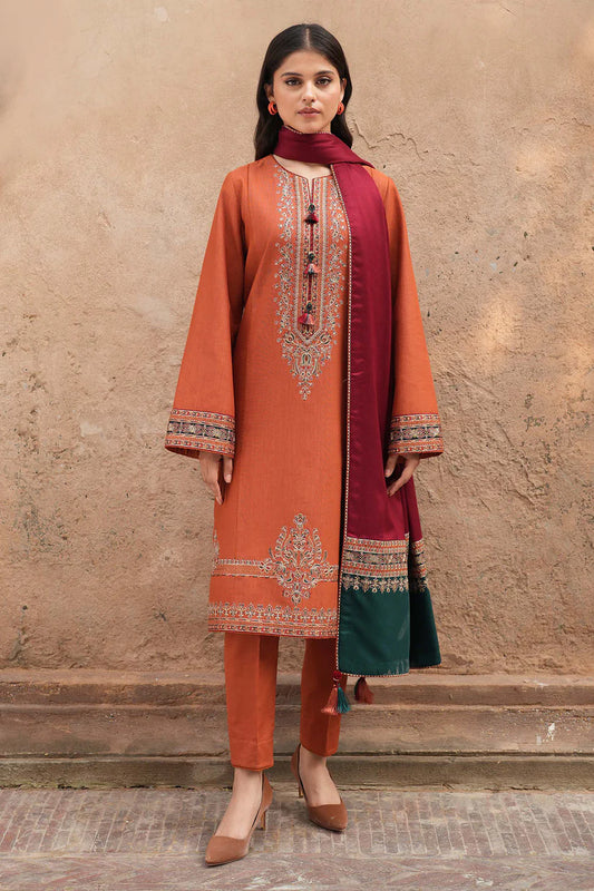 JAZMIN - 3PC KHADDAR EMBROIDERED SHIRT WITH WOOL PRINTED SHAWL & TROUSER-W.J-1362