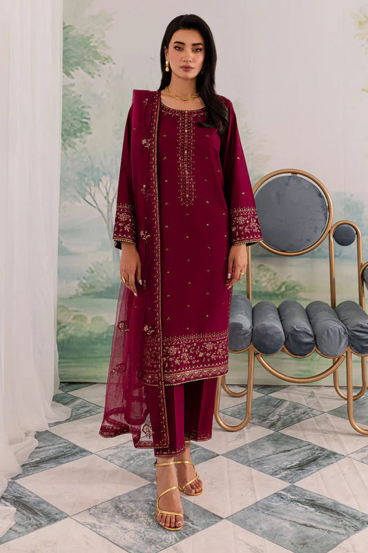 JAZMIN-3PC DHANAK EMBROIDERED SHIRT WITH ORGANZA EMBROIDERED DUPATTA AND TROUSER -WJ-1930