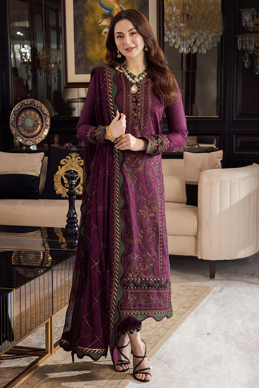 ASIM JOFA-3PC DHANAK EMBROIDERED SHIRT WITH DHANAK EMBROIDERED SHAWL & DHANAK TOUSER-WJ-1951