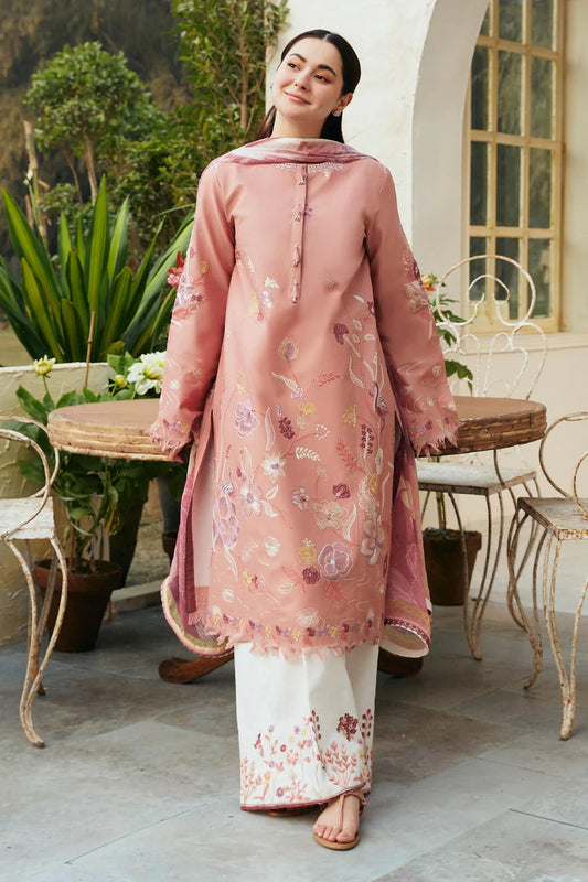 ZARA SHAH JAHAN- 3PC DHANAK EMBROIDERED SHIRT WITH COUTRAI PRINTED SHAWL & EMB TROUSER-W.J-1677