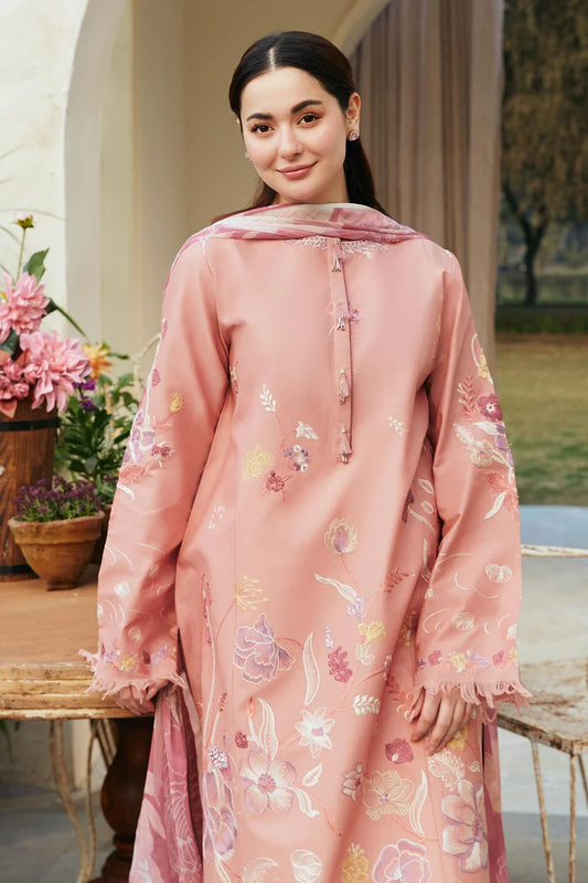 ZARA SHAH JAHAN- 3PC DHANAK EMBROIDERED SHIRT WITH COUTRAI PRINTED SHAWL & EMB TROUSER-W.J-1677