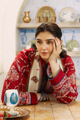 ZAHRA SHAHJAHAN- 3PC DHANAK EMBROIDERED SHIRT WITH COURTRAI PRINT SHAWL AND EMB TROUSER-W.J-4130