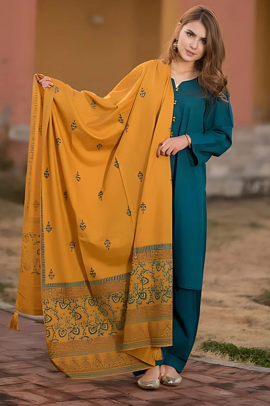 KAYSERIA- 3PC DHANAK EMBROIDERED WITH COUTURE WOOL PRINTED SHAWL-W.J-1242