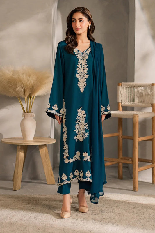 VINTAGE-3PC DHANAK EMBROIDERED SHIRT WITH BAMBER CHIFFON DUPATTA AND TROUSER-W.J-1980