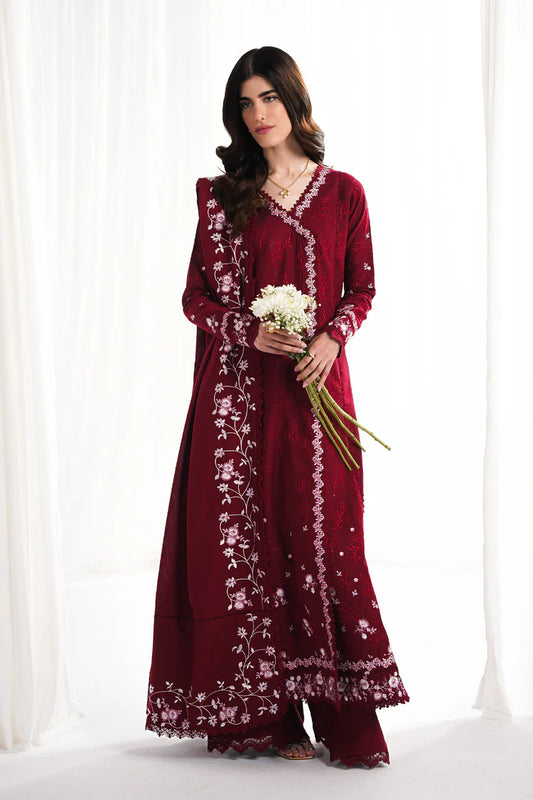 GARNET-3PC DHANAK EMBROIDERED SHIRT WITH DHANAK EMBROIDERED SHAWL & TROUSER-W.J-2006